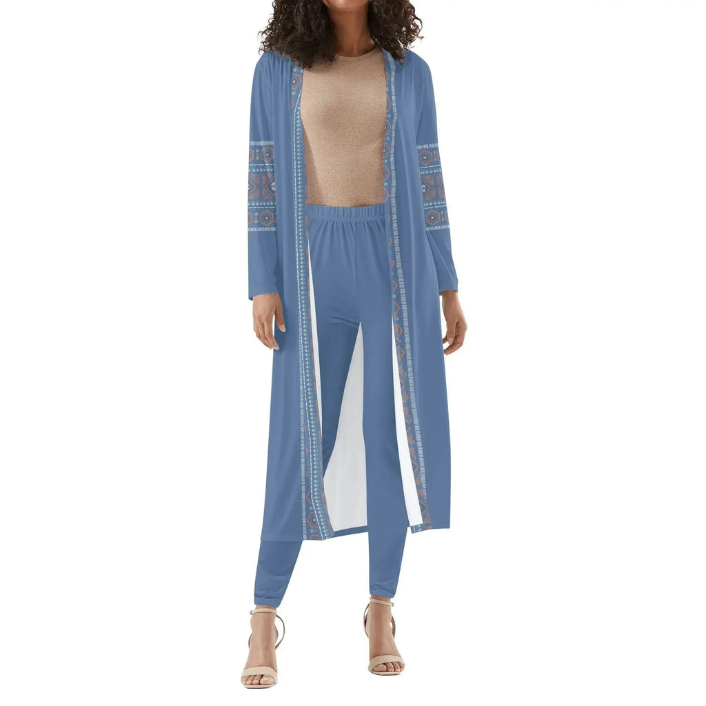 Woman wearing UCLA blue long sleeve cardigan and leggings set from Ivorynn