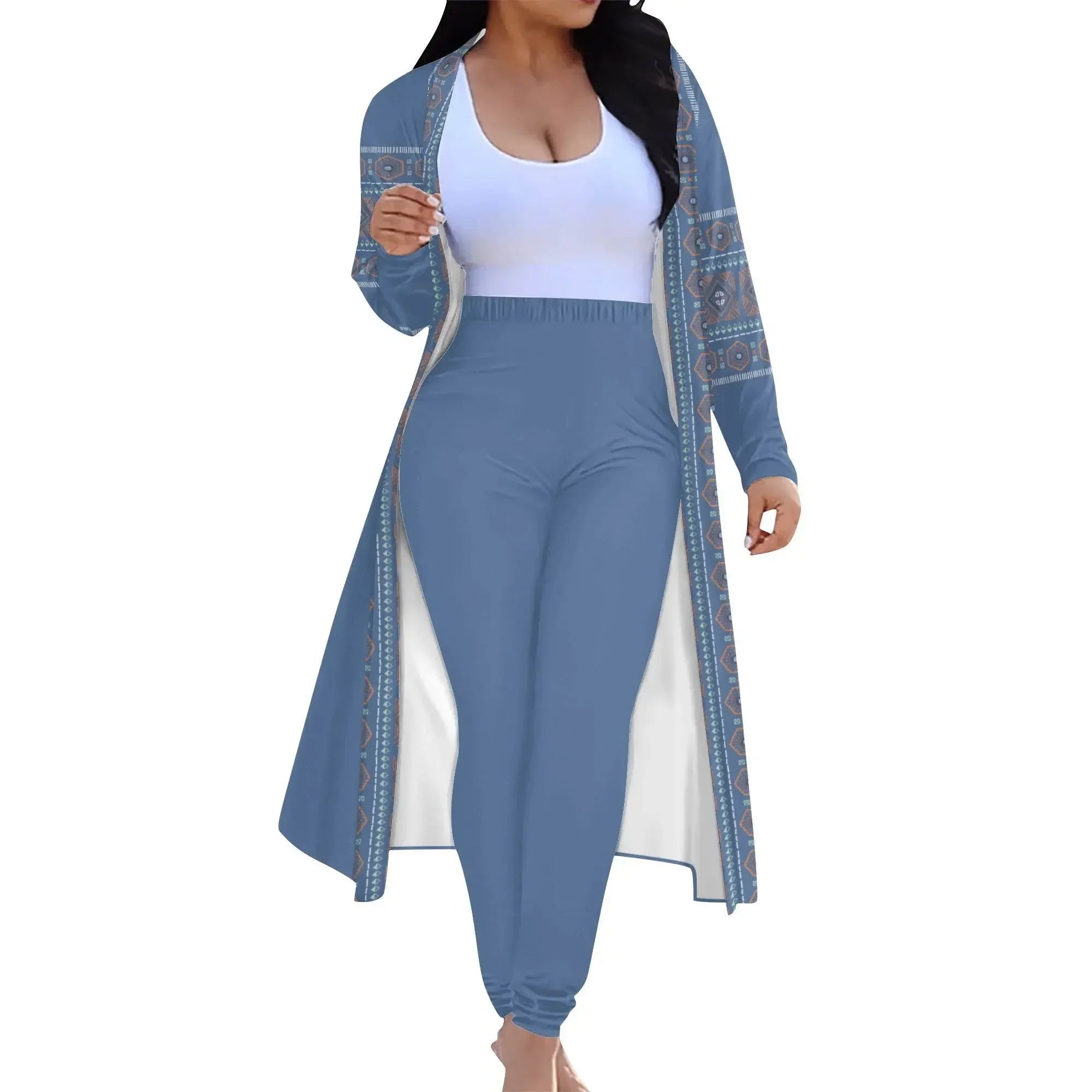 Woman wearing blue patterned long sleeve cardigan and leggings set from IVORYNN