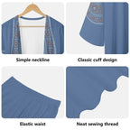 Women’s blue cardigan and leggings set with patterned trim, elastic waist, and classic cuffs