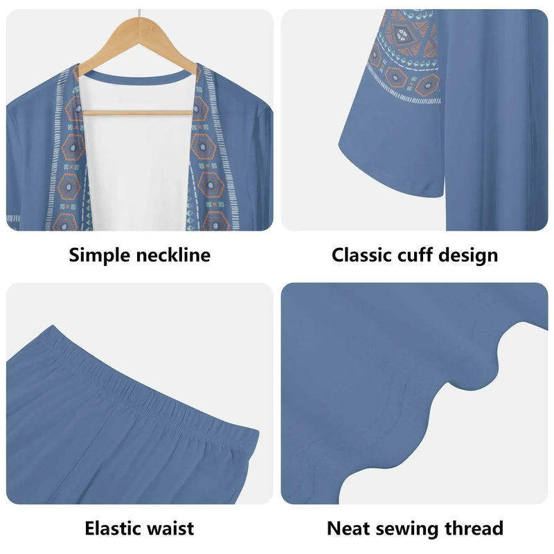 Women’s blue cardigan and leggings set with patterned trim, elastic waist, and classic cuffs