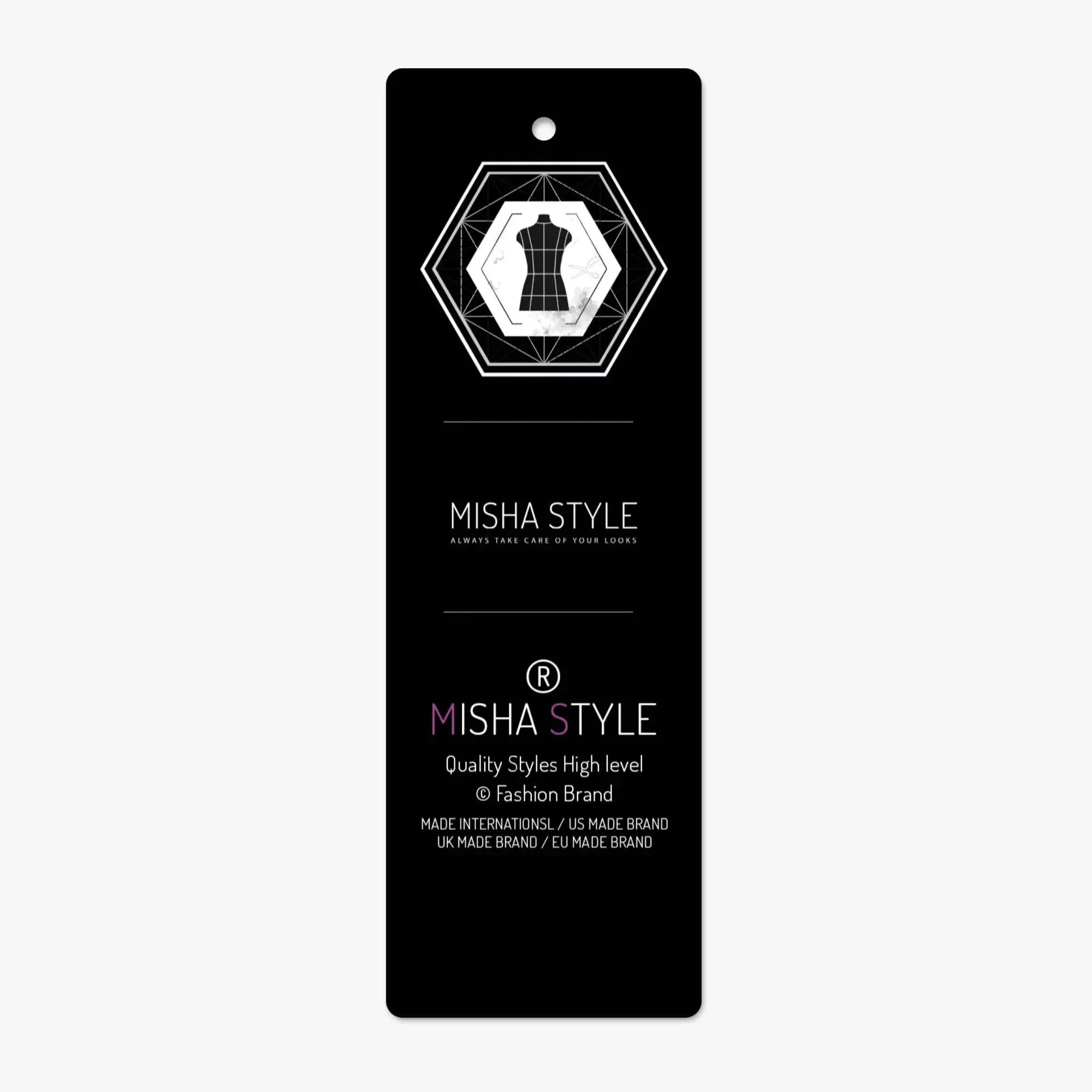 Misha Style black clothing tag with dress icon, brand name, and quality fashion details