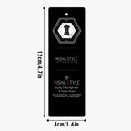 Black MISHA STYLE clothing tag with geometric dress logo, 12cm x 4cm size, fashion branding