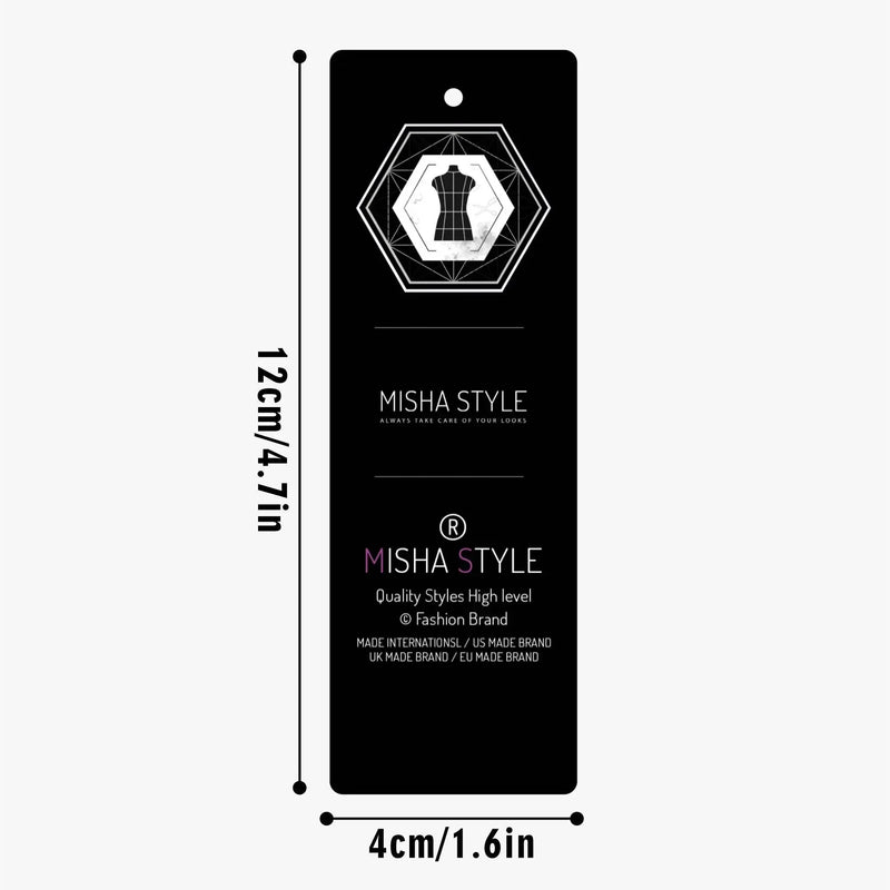 Black MISHA STYLE clothing tag with geometric dress logo, 12cm x 4cm size, fashion branding