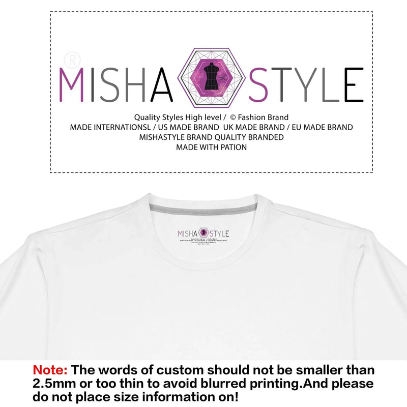 Misha Style fashion brand logo label on white t-shirt with instructions for custom text size.