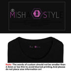 Misha Style black shirt neck tag design with logo and brand printing size guidelines