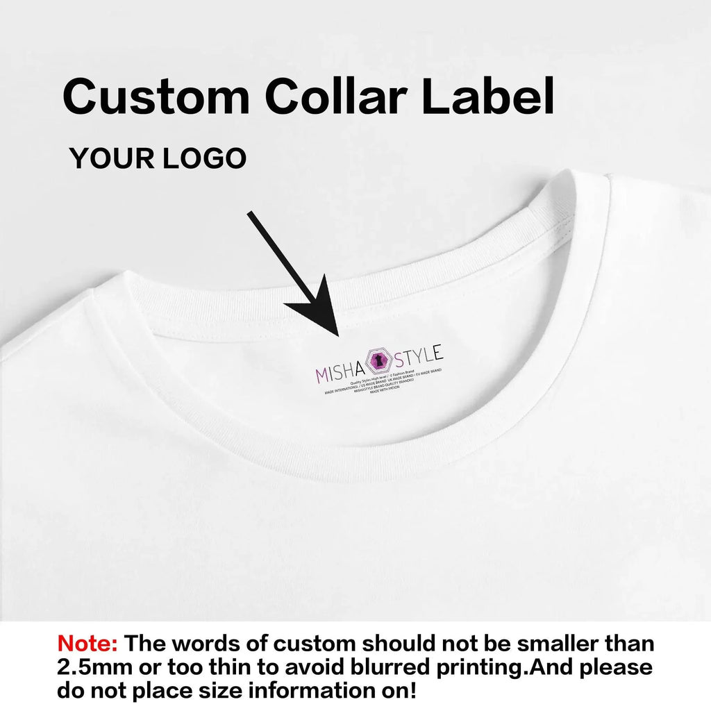 White t-shirt with custom collar label, arrow pointing to logo area, text instructions above.