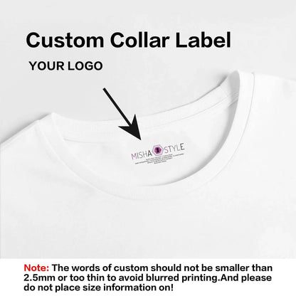 White t-shirt with custom collar label, arrow pointing to logo area, text instructions above.
