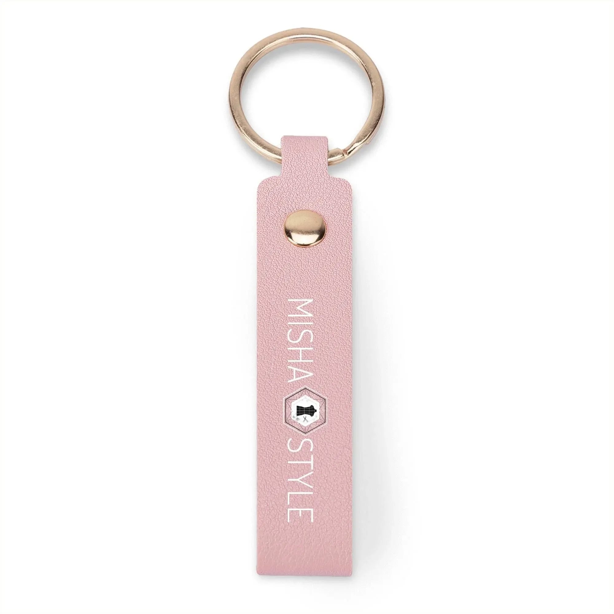 Pink faux leather keychain with gold ring, branded MISHA STYLE, modern and stylish accessory.