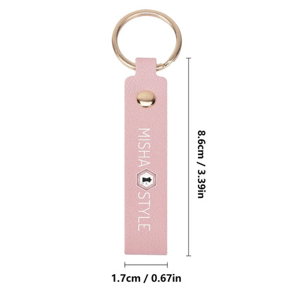 Pink MISHA STYLE leather keychain with gold ring, 8.6cm by 1.7cm, stylish accessory
