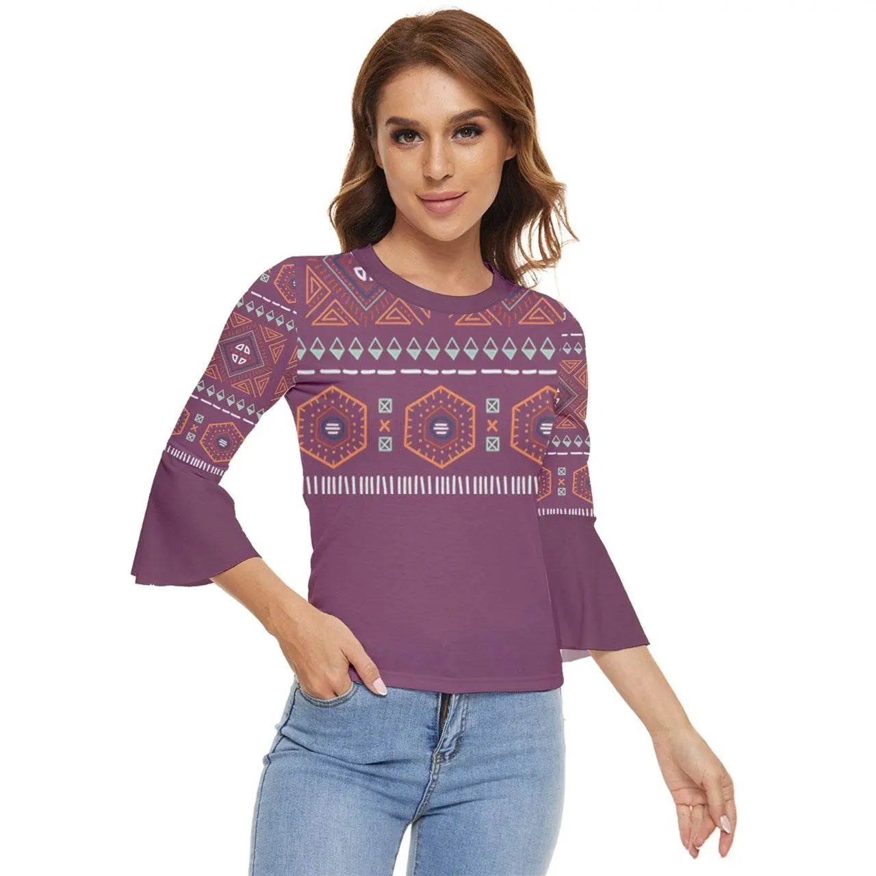 Zigzag maya Pattern Twilight Lavender Bell Sleeve Top - IVORYNN