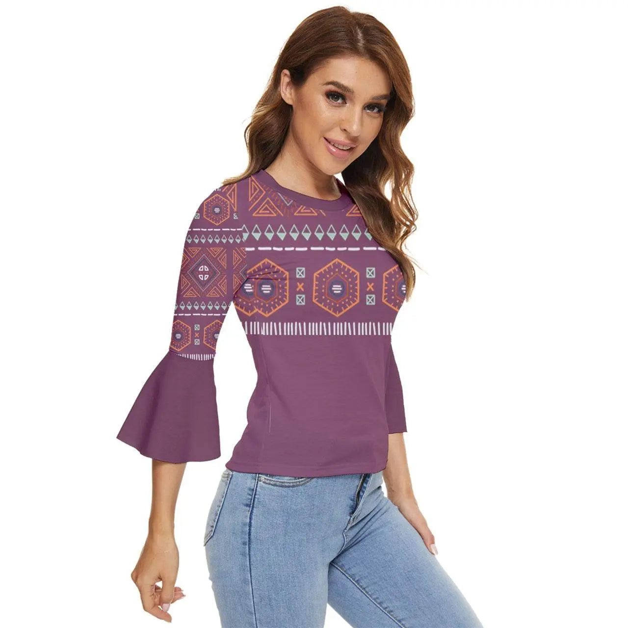 Zigzag maya Pattern Twilight Lavender Bell Sleeve Top - IVORYNN