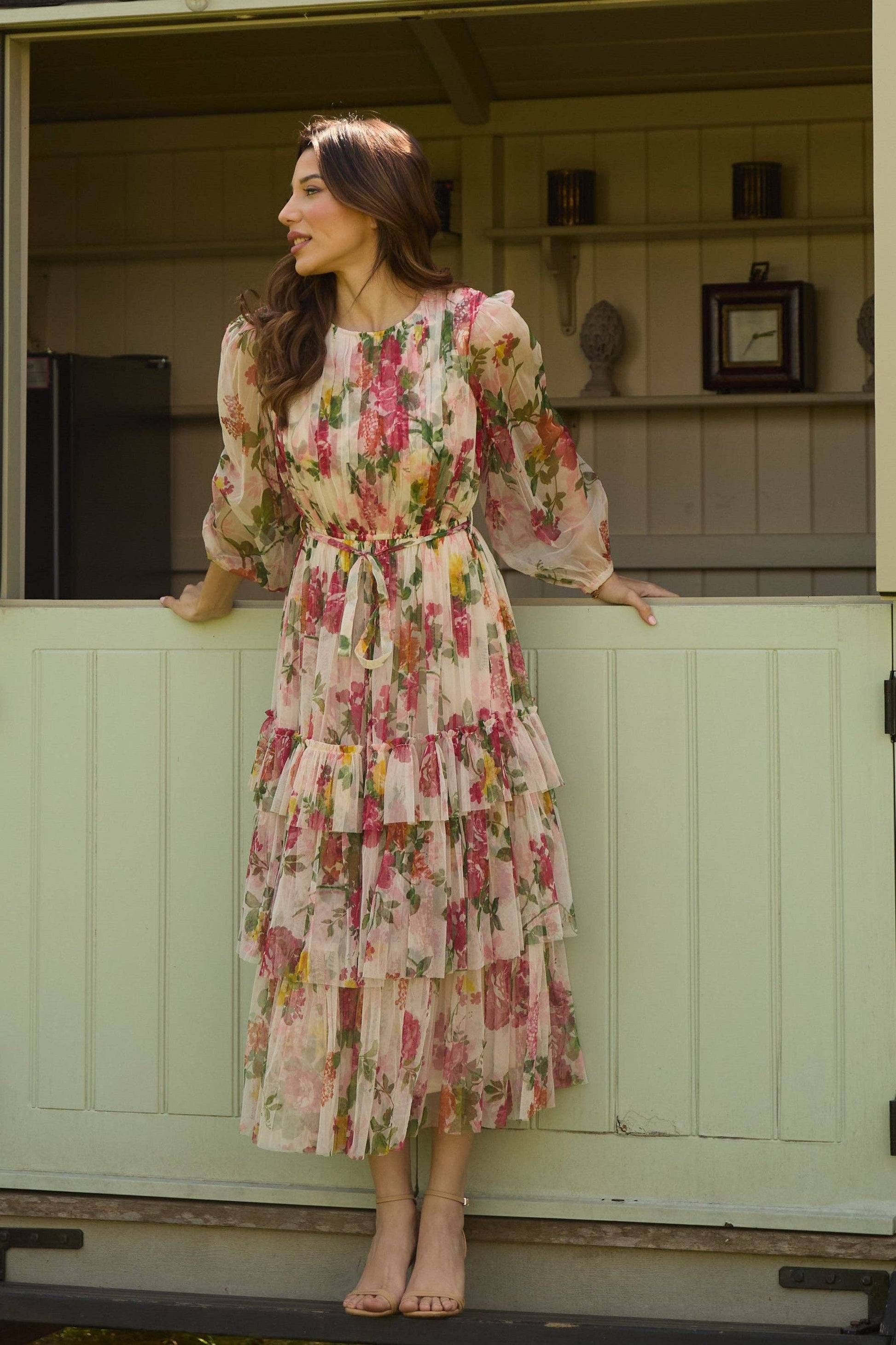 Elegant Cream Floral Midi Dress with Sheer Sleeves and Tie Belt for Women