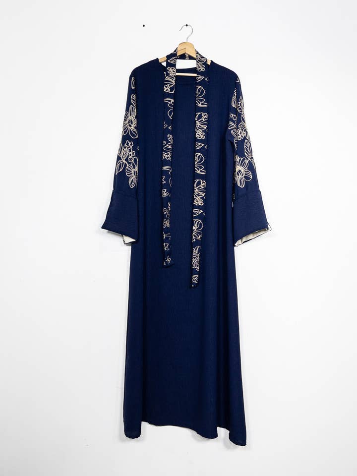 Elegant Floral Embroidered Abaya Dress with Matching Belt and Cream Lining