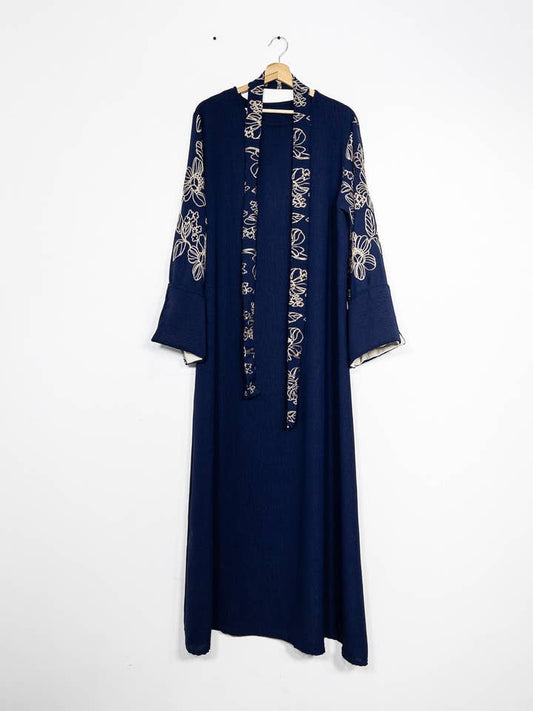 Elegant Floral Embroidered Abaya Dress with Matching Belt and Cream Lining