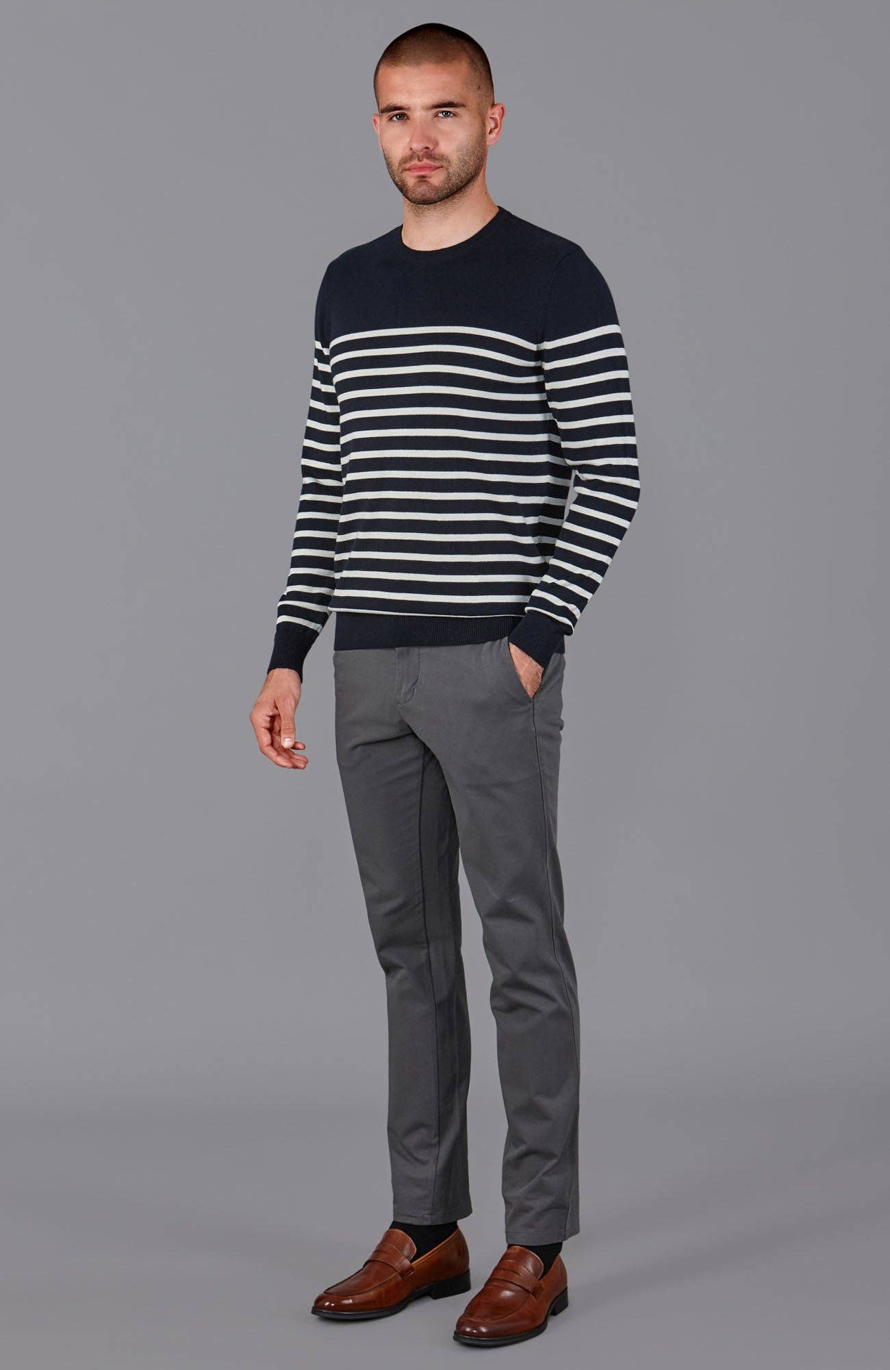 Men's Lightweight Cotton Striped Breton Sweater - Classic Crew Neck Knitwear