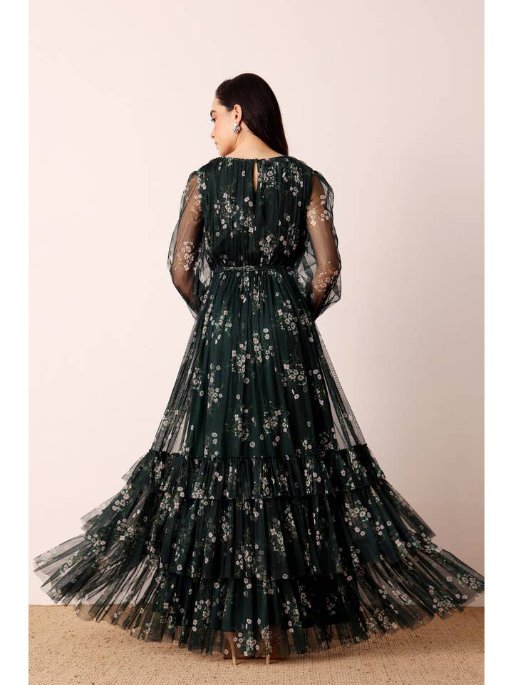 Elegant Emerald Floral Long Sleeve Maxi Dress | Pleated Tulle Gown for Special Occasions