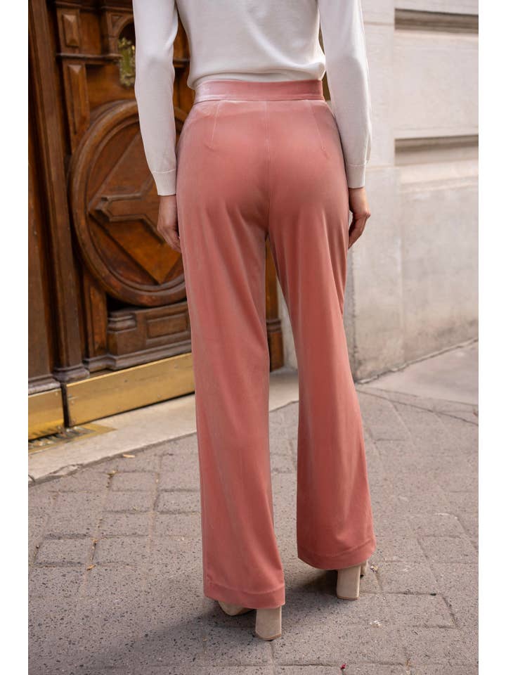 Elegant High-Waisted Straight-Cut Velvet Trousers with Side Pockets, Button Closure