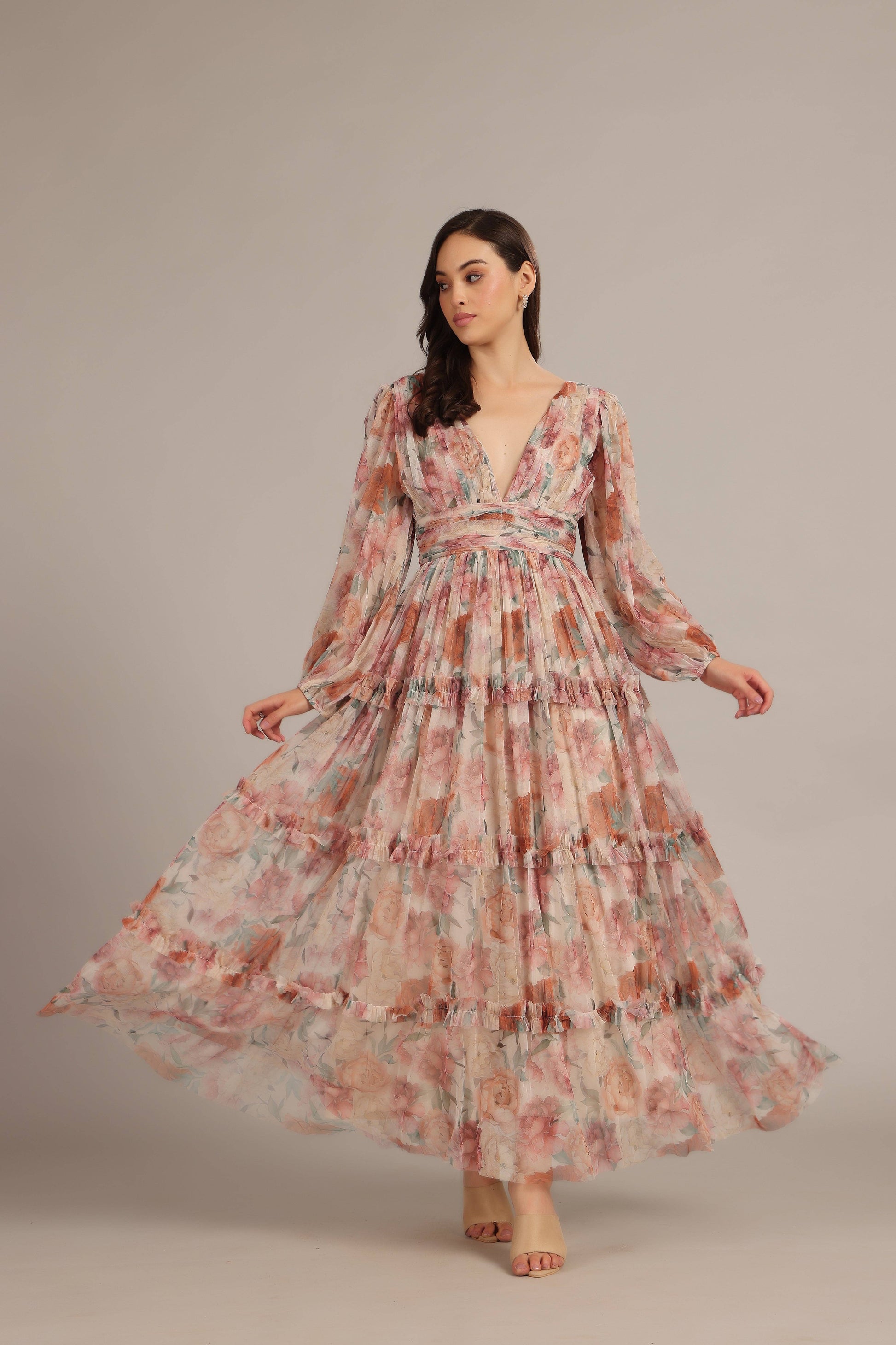 Chic Light Brown Floral Maxi Dress - Women's V-Neck Cinched Waist