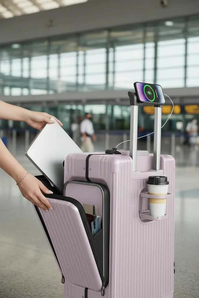 امرأة تخرج لابتوب من الحقيبة باللون #a7a1b7