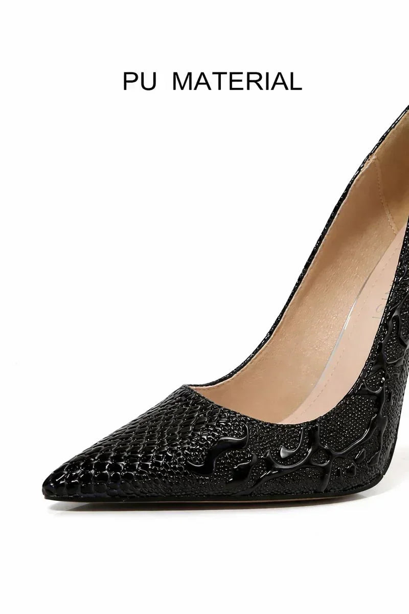 Embossed Snake Ultra High Heels Black Pumps