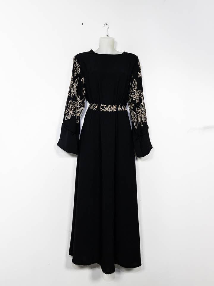 Elegant Floral Embroidered Abaya Dress with Matching Belt and Cream Lining