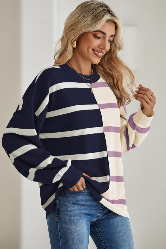 Striped Patchwork Drop Shoulder Blue Sweater