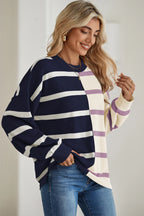 Striped Patchwork Drop Shoulder Blue Sweater