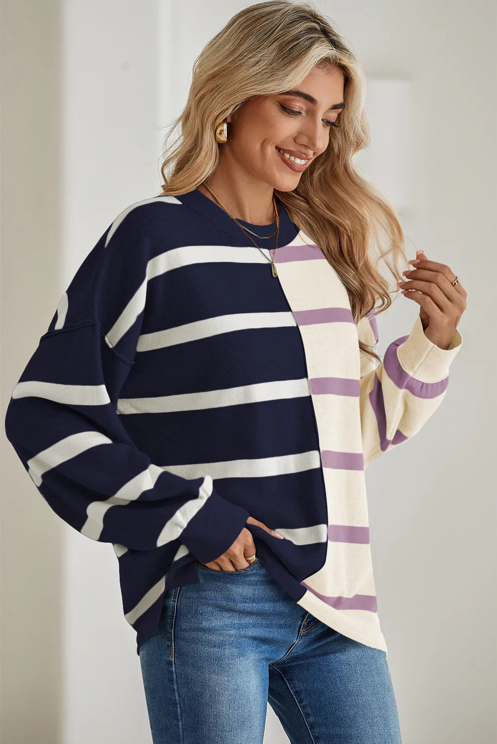 Striped Patchwork Drop Shoulder Blue Sweater