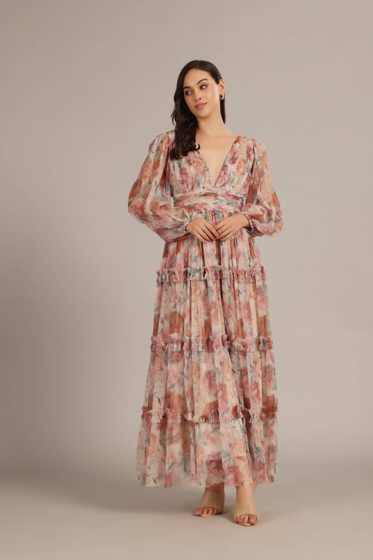 Chic Light Brown Floral Maxi Dress - Women's V-Neck Cinched Waist