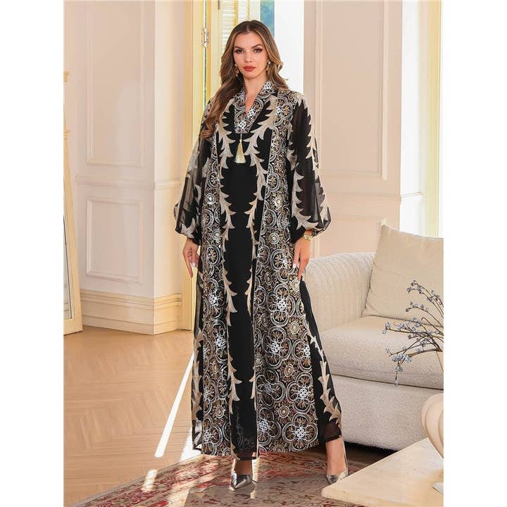Elegant Muslim Embroidered Robe Dress - Loose Fit, V-Neck, Bishop Sleeves