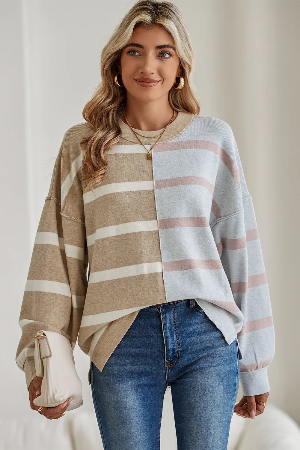 Striped Patchwork Drop Shoulder Khaki Sweater