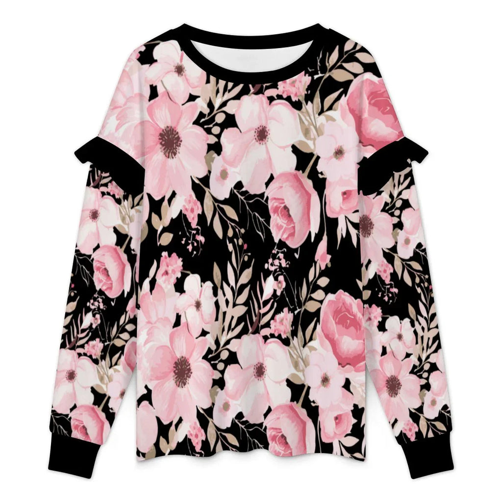 Plus Size Solid Floral Ruffled Shoulder Sweatshirt