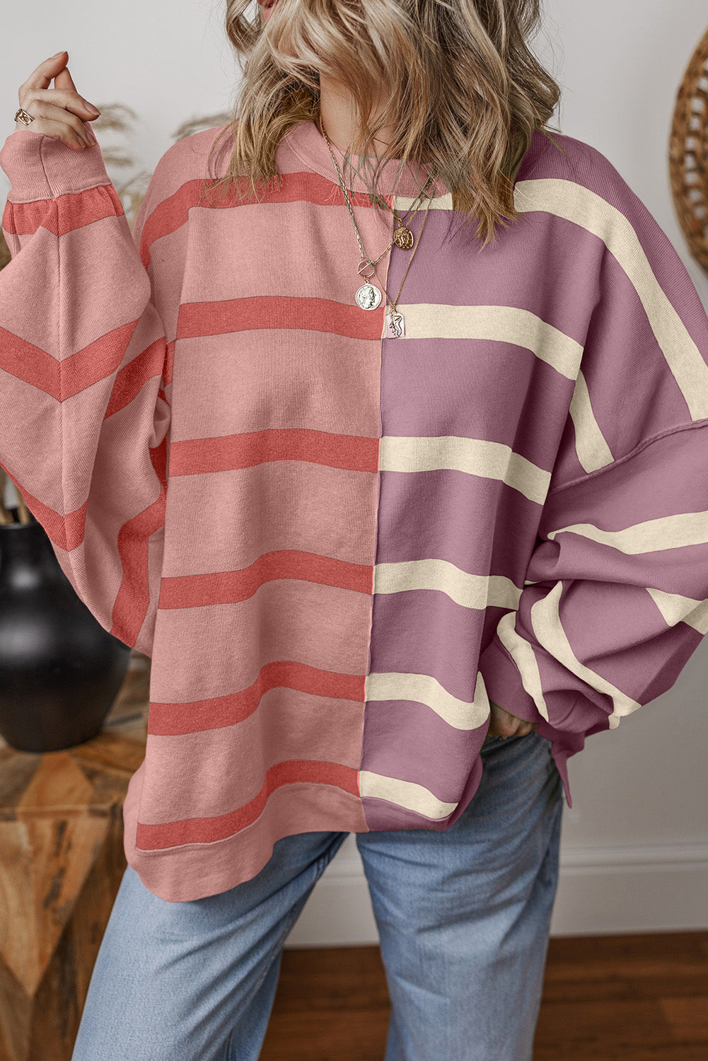 Striped Patchwork Drop Shoulder Pink Sweater