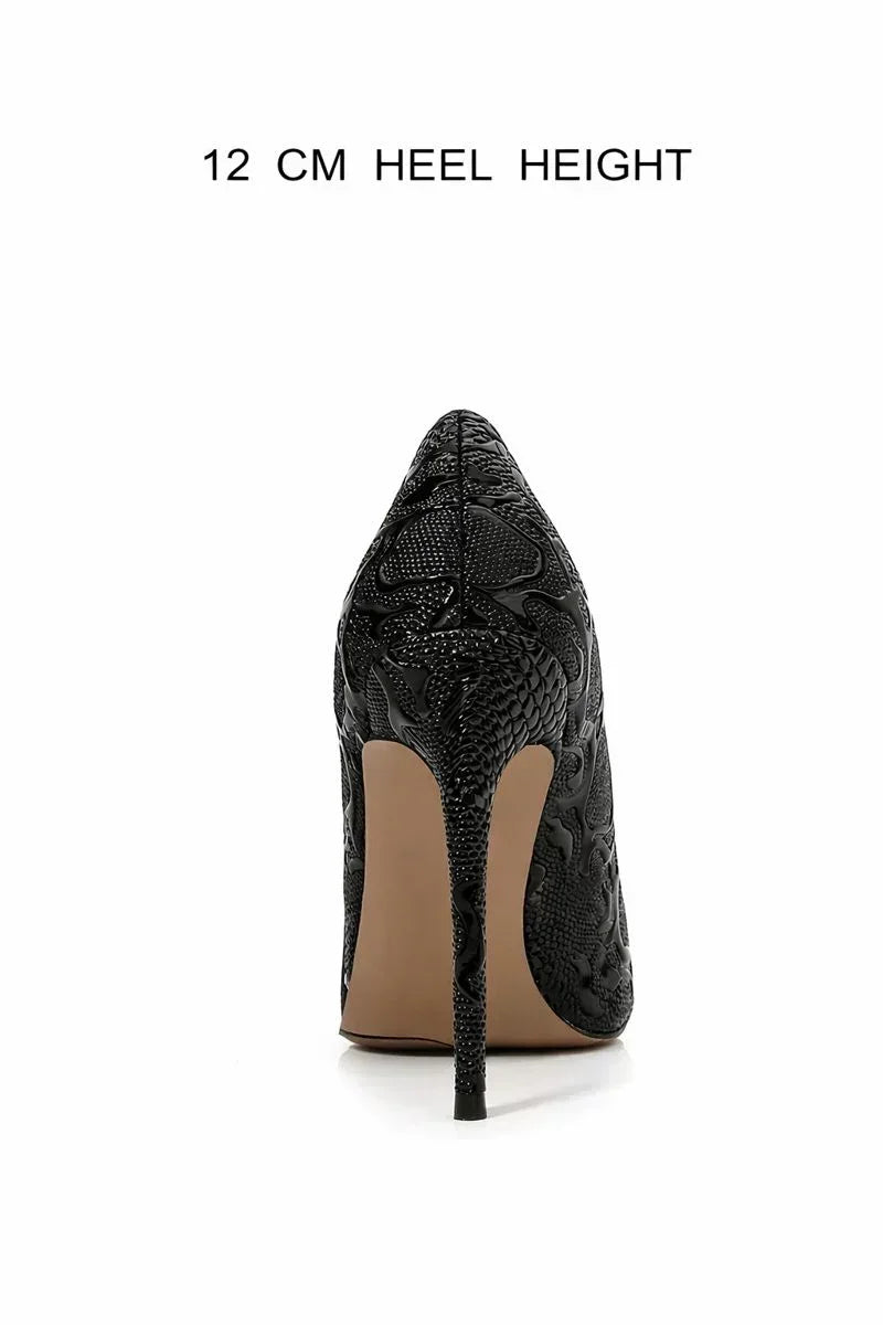 Embossed Snake Ultra High Heels Black Pumps