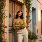 Against rustic wooden door