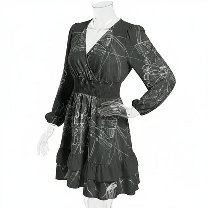 Black long-sleeve V-neck dress with white abstract print on mannequin, Ivorynn fashion apparel