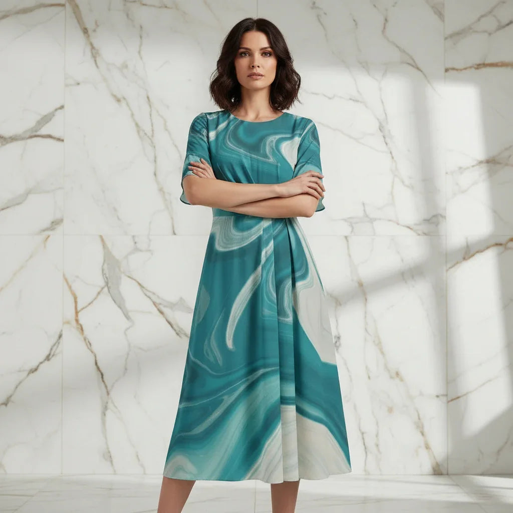 Confident woman in a stylish teal marble-print dress, arms crossed, standing in modern marble room