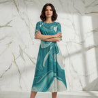 Confident woman in a stylish teal marble-print dress, arms crossed, standing in modern marble room
