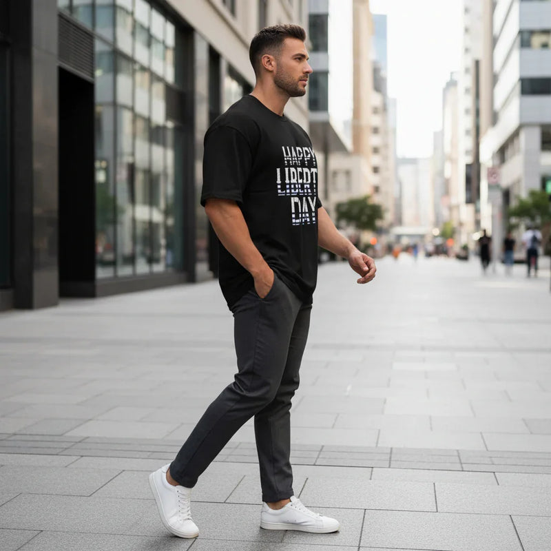 Athletic man in black graphic t-shirt, gray pants, and white sneakers walking in city street