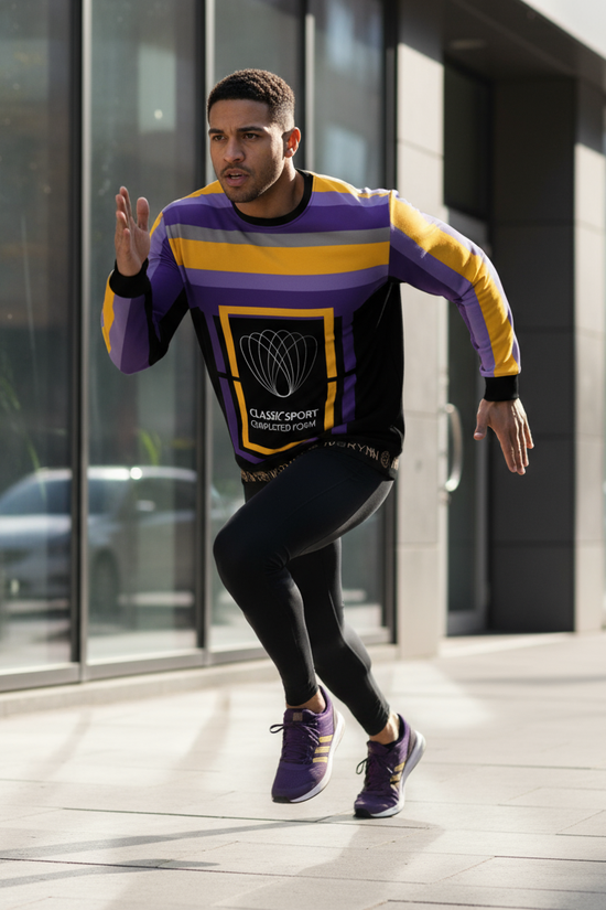 Athletic man running in sweatshirt with urban background