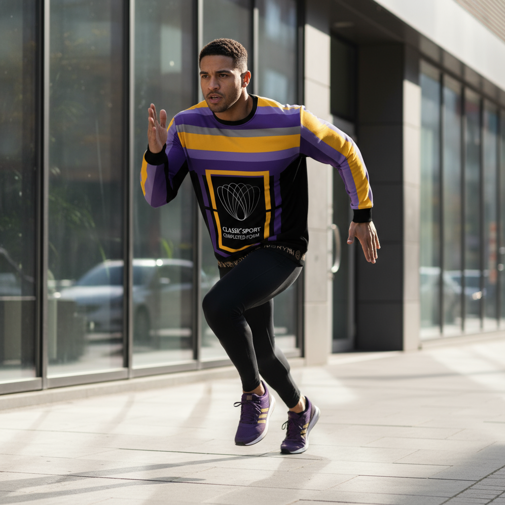 Athletic man running in sweatshirt with urban background