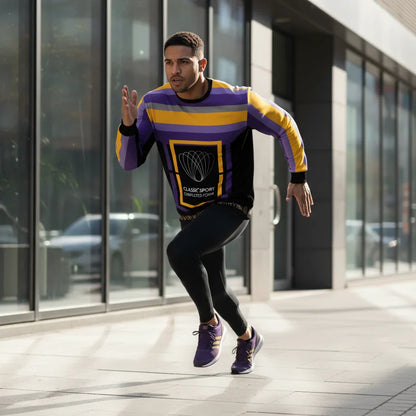 Athletic man running in sweatshirt with urban background