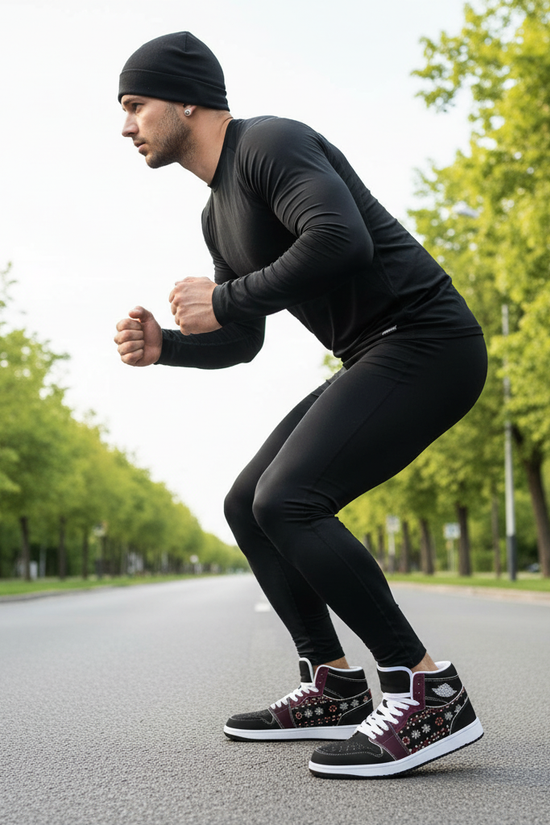 Athletic stance on empty road