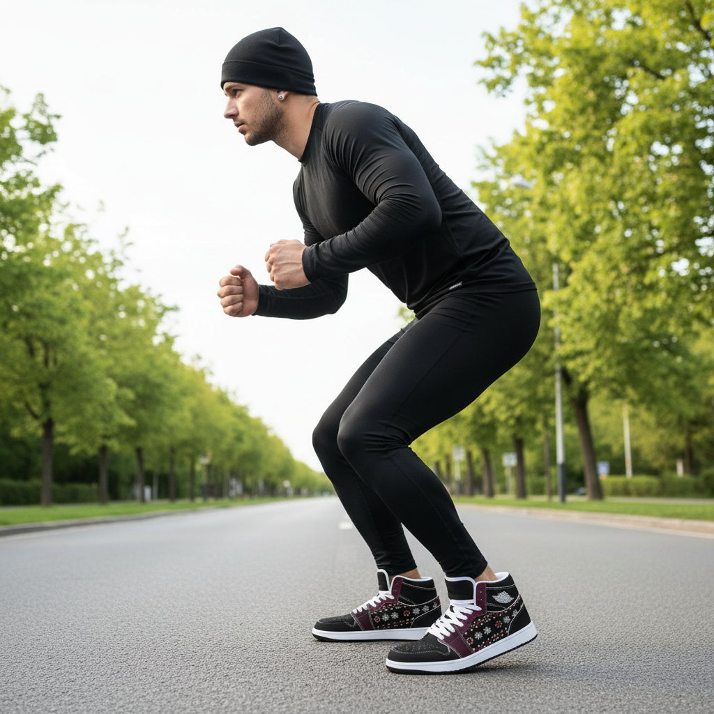 Athletic stance on empty road
