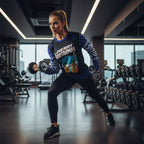Athletic woman near dumbbells