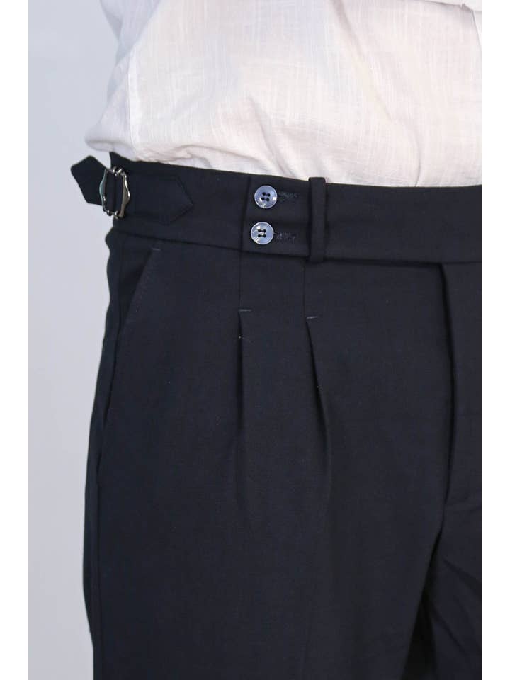 Men's Navy Double-Pleated High-Waisted Slim Fit Trousers with Adjustable Side Buckles