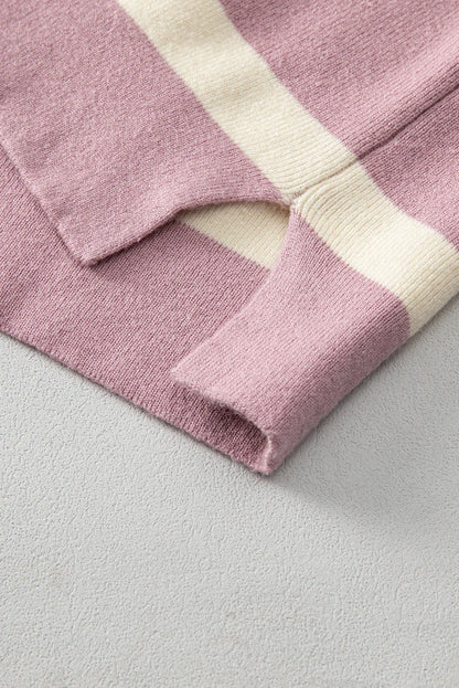 Striped Patchwork Drop Shoulder Pink Sweater