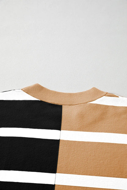 Striped Patchwork Drop Shoulder French Beige Sweater