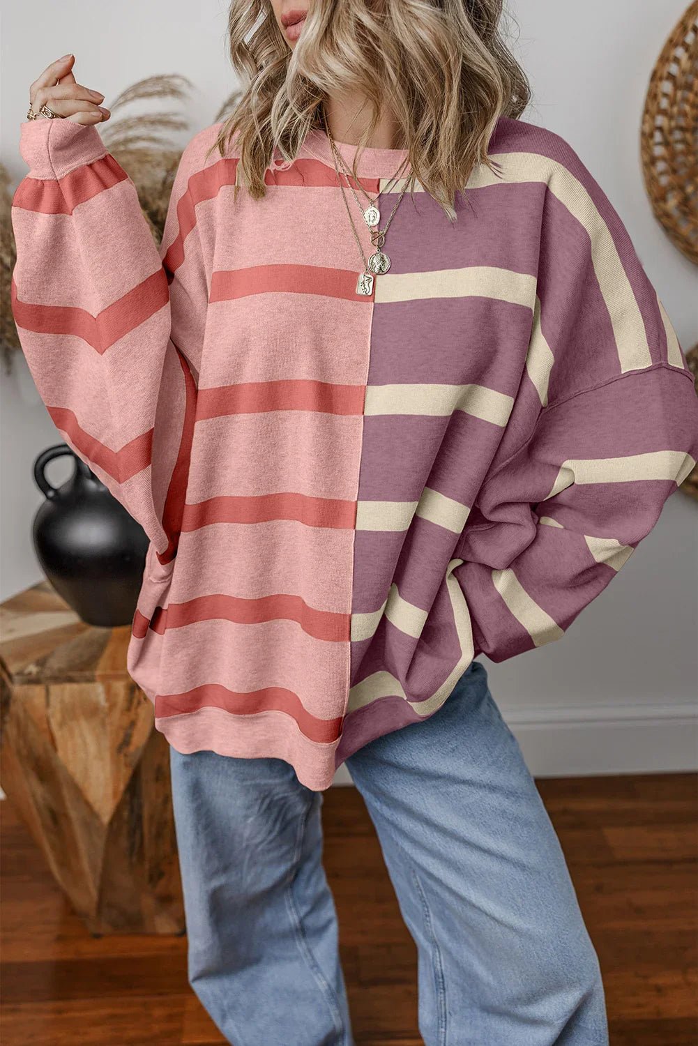 Striped Patchwork Drop Shoulder Pink Sweater