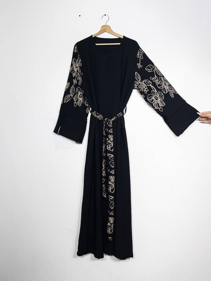 Elegant Floral Embroidered Abaya Dress with Matching Belt and Cream Lining